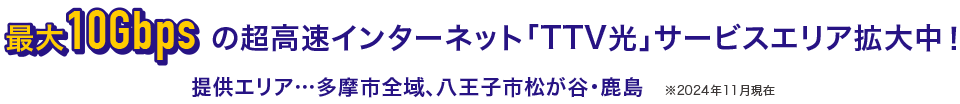 最大10Gbpsの超高速インターネット「TTV光」サービスエリア拡大中! 提供エリア…多摩市全域、八王子市松が谷・鹿島 ※2024年11月現在